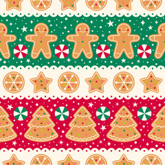 Cute cookies, candy with snow and star seamless striped pattern design for christmas holidays background.