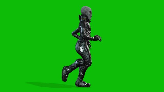 Grey alien wearing a space suit running on green screen, seamless loop 3D animation, side view