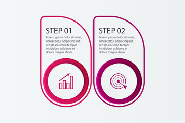 Fototapeta premium Simple infographic 2 parts or options, simple design with circles and square solid lines with colorful colors, icons, text and numbers, for presentations, flow diagrams and your business