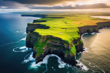 Aerial view of the Cliffs of Moher in Ireland, beautiful blue ocean and green grassy fields