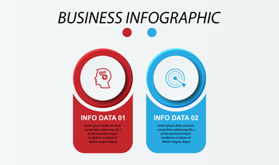 Obraz premium Simple infographic 2 parts or options, simple design with circles and square solid lines with colorful colors, icons, text and numbers, for presentations, flow diagrams and your business