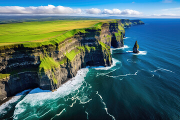 Aerial view of the Cliffs of Moher in Ireland, beautiful blue ocean and green grassy fields - Powered by Adobe