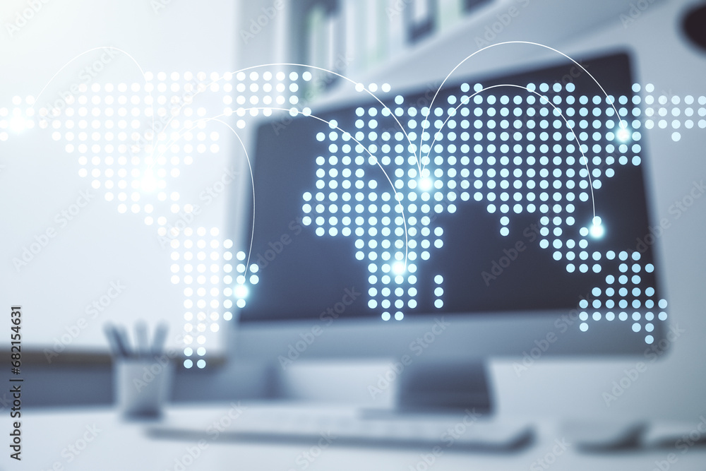 Poster abstract creative world map with connections and modern desktop with computer on background, interna