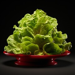 Raw Green Leaf Lettuce on a red Plate, on black background side view. Close-up.