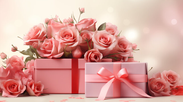 Gift box and Valentine's Day flowers vector with background