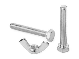 Metal screws with wing nuts isolated on white - obrazy, fototapety, plakaty