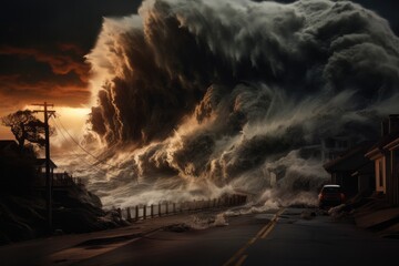 An Apocalyptic Scene Of Tsunami, Tornado, And Dark Stormy Sky. Сoncept Apocalyptic Scene, Tsunami, Tornado, Dark Stormy Sky