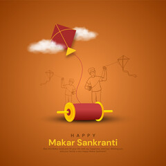 Makar sankranti boy flying kite line drawing with string spool and kite. Creative vector illustration.