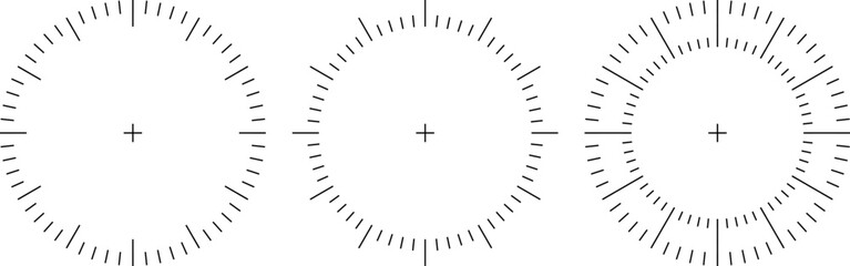 Clock face vector circle. Thermometer elegant degree or weight measuring analogue watches. Speedometer or chrono meter dot marked time scale. - obrazy, fototapety, plakaty