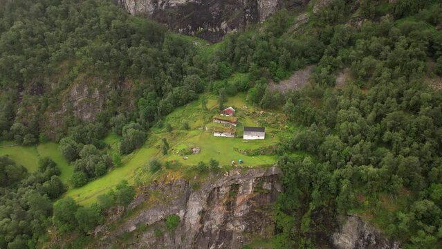 tiny farm house on mountain ridge, skagefl&aring; farm at Geirangerfjord, geiranger, Norway