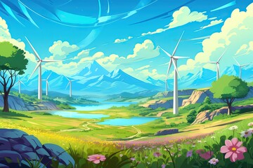 Obraz na płótnie Canvas Renewable Energy Oasis: a landscape with wind turbines and solar panels harmoniously blending into nature, emphasizing sustainable energy