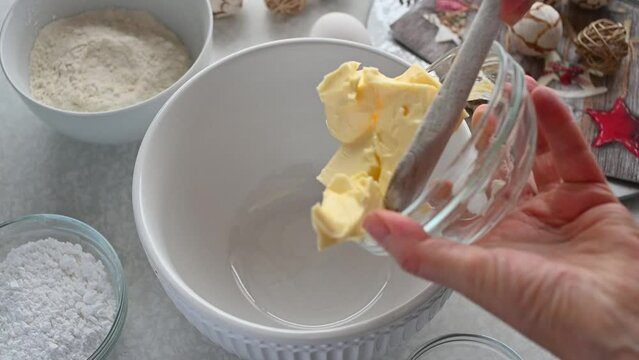 Add soft butter to a mixing bowl - Christmas baking