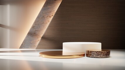 White and gold empty podium or pedestal for product presentation on three floors. Round mockup platforms on wooden background. 3d rendering	
