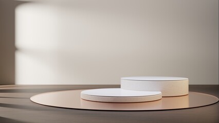 White empty podium or pedestal for product presentation on two floors. Round mockup platforms on wooden table. 3d rendering	