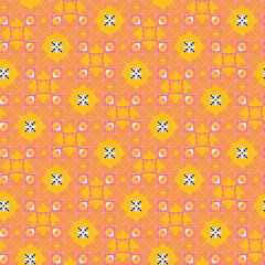 JPEG tropical summer vintage yellow, orange, navy blue and white retro geometric seamless pattern. Perfect for wallpaper, fabric, soft furnishings, interior design, home decor, scrapbooking etc.