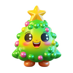 Fototapeta premium character illustration of a kawaii-style Christmas tree, with big, bright eyes and a joyful smile.