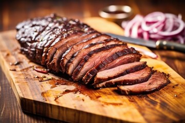 close-up of sliced bbq brisket on a wooden board