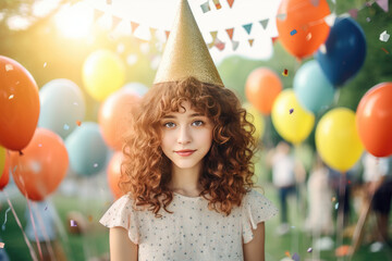 Happy young girl in a party hat and friends ready for birthday celebration