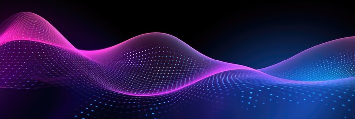 Futuristic dark background. Colored music wave. Big data. Technology or Science Banner. 3D in the style of roller wav, light magenta and dark blue, dynamic line work, UHD image, infinity nets, animate