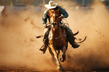 Cowboy Rides Bucking Bronco Horse In Dusty Rodeo Arena
