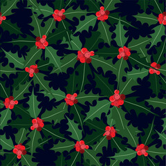 Holly seamless pattern on black. Green leaves, red fruits background stock vector illustration design element for web, for print, for wallpaper, for wrapping paper.