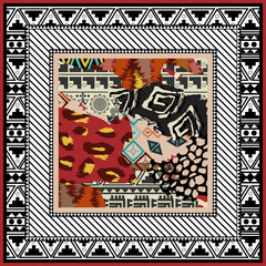 Abstract scarf design pattern-card illustration. Hijab pattern in the frame of a square. Tribal design, ethnic African style. - 682159475