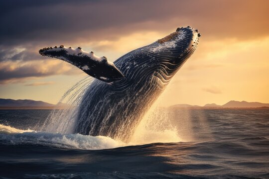 Humpback Whale Jumping Out Of Water. Сoncept Sunset At The Beach, Mountain Hiking Adventure, Wildlife Safari, Urban Street Photography