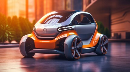 Small electric micro car. Due to the super compact size of the cars, Easily be parked in the big city. Modern eco-friendly urban transport. Tiny and funny modern eco transport.