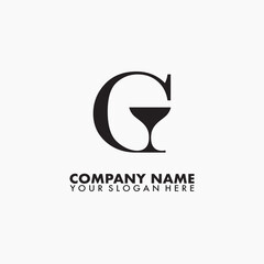 Wine glass and G letter on logo designs vector.