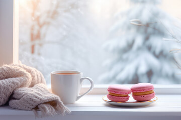 Obraz na płótnie Canvas cup of tea and a saucer with macaroons on the windowsill on a winter morning