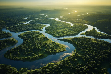 aerial view to the land with the tropical forest and large river system during high water - obrazy, fototapety, plakaty