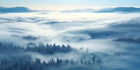 hilly landscape with winter coniferous forest in morning fog, aerial view - obrazy, fototapety, plakaty
