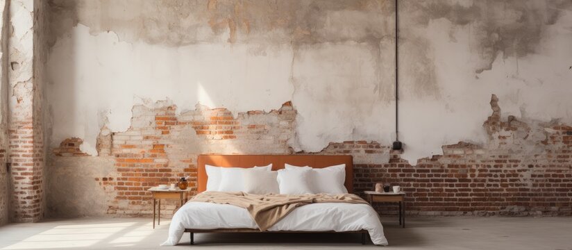 Fototapeta In the industrial setting, an old white bed made of stone and ceramic stands out against the red brick masonry. It is an isolated symbol of the new construction development, showcasing the blend of