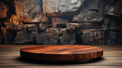 3d rock podium product stand or display with rock background and cinematic light