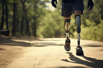 Person With Prosthetic Leg Treks Outdoors, Space For Text