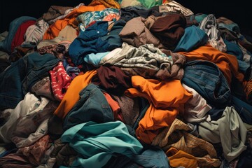Pile Of Used Clothes Highlighting Sustainability And Recycling. Сoncept Sustainable Fashion,...