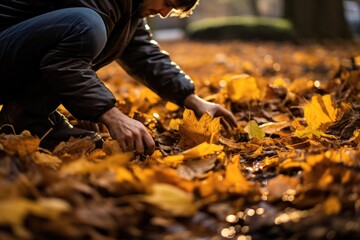 Person Tending To Fallen Leaves In Autumn. Сoncept Autumn Leaf Cleanup, Raking Leaves, Fall Yard Work, Nature's Carpet, Seasonal Chores - obrazy, fototapety, plakaty