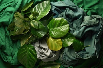 Pile Of Used Clothes Symbolizing Fast Fashion And Recycling Green House Symbol With Leaves And Plug...