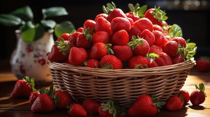 Fototapeta na wymiar Closeup Strawberries in a bamboo basket with blur background