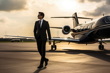 Rich Person On Airport Runway In Front Of Private Jet