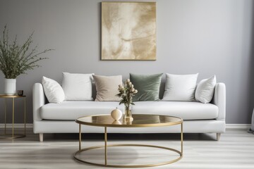Round Golden Coffee Table In Front Of White Sofa Modern Living Room Design