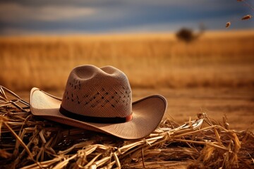Rural Background With Closeup Cowboy Hat And Rope