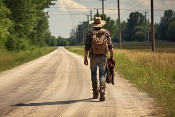 Obraz premium Rural Cowboy Walks On Summer Road, Back View