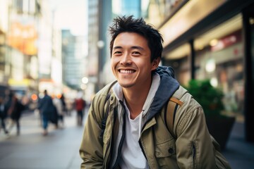 Smiling Asian Man Enjoys City Life Outdoors