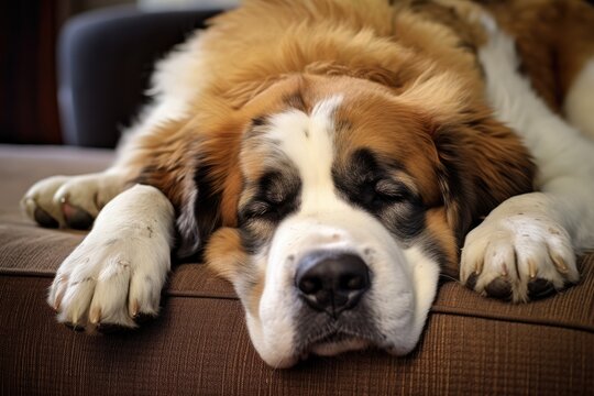 St Bernard Dog Lounges On Couch Comfortably. Сoncept Pet Photography, St Bernard Portraits, Cozy Indoor Sessions, Doggie Relaxation, Homey Lifestyle Shoot