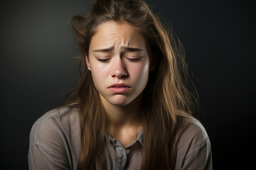 Fototapeta premium Teen Girl Experiencing Stomach Pain On Plain Background