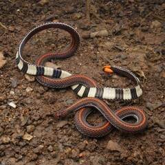 Obraz premium a red - black and white snake sitting on a dirt ground