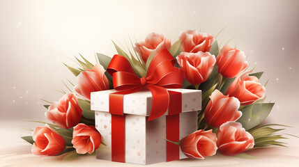 Gift box and Valentine's Day flowers vector with background
