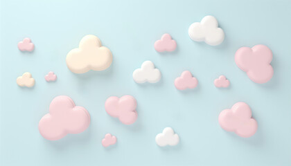 Fototapeta na wymiar Cute pastel clouds Pink 3d clouds set isolated on a light pastel background. Render magic clouds icon in the blue sky. 3d geometric shapes illustration Fluffy cute background