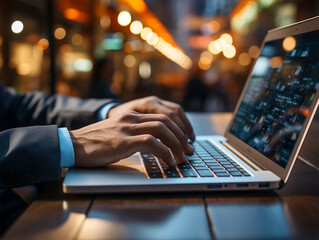 man working with laptop in cafe . 